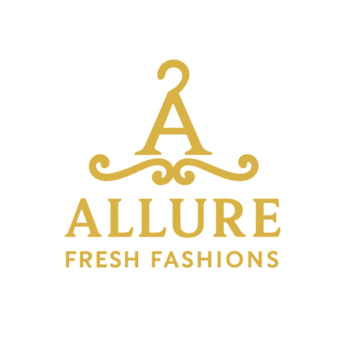 Gold 'Allure Fresh Fashions' logo with a hanger design on a clear background